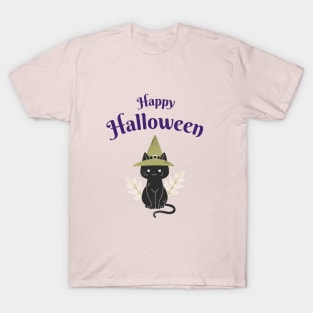 Black Cat Illustration Round Sticker Halloween T-Shirt